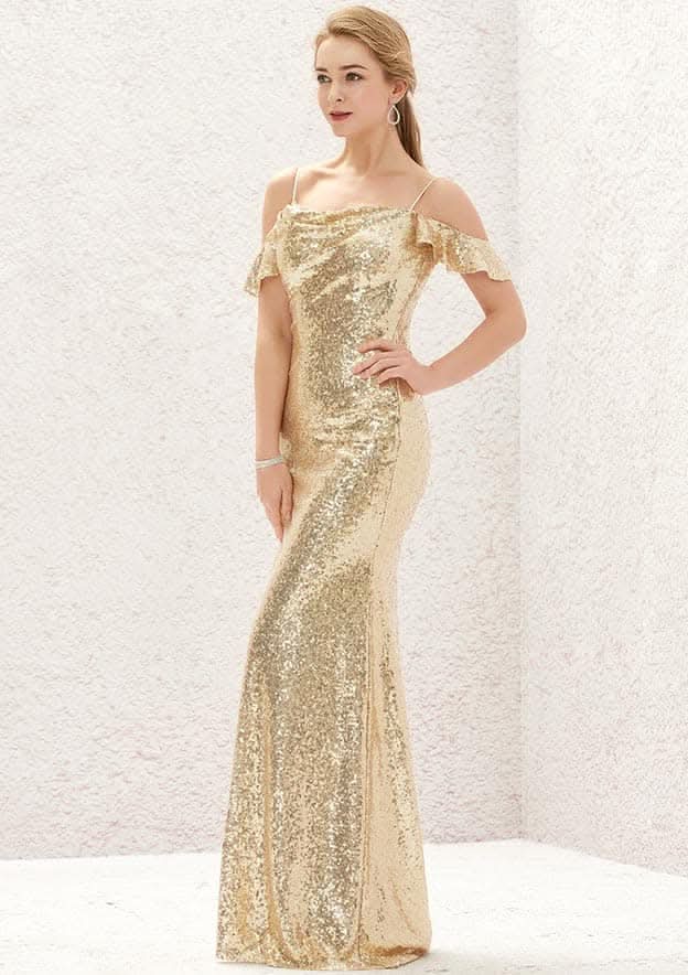 Sweep Train Sequined Bridesmaid Dress, Sheath/Column Cut, Off-The-Shoulder, Sleeveless, With Pleating BM bride