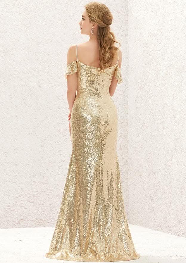 Sweep Train Sequined Bridesmaid Dress, Sheath/Column Cut, Off-The-Shoulder, Sleeveless, With Pleating BM bride