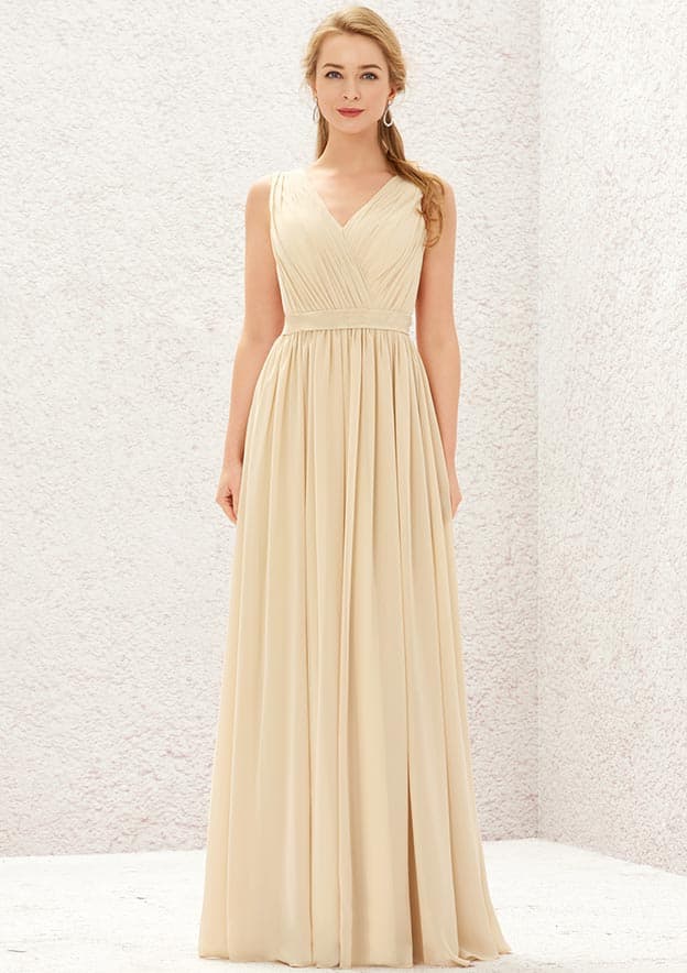 Long/Floor-Length Chiffon Bridesmaid Dress, A-Line Cut, V-Neck, Sleeveless, With Appliqued Sashes And Pleating BM bride