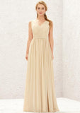 Long/Floor-Length Chiffon Bridesmaid Dress, A-Line Cut, V-Neck, Sleeveless, With Appliqued Sashes And Pleating BM bride