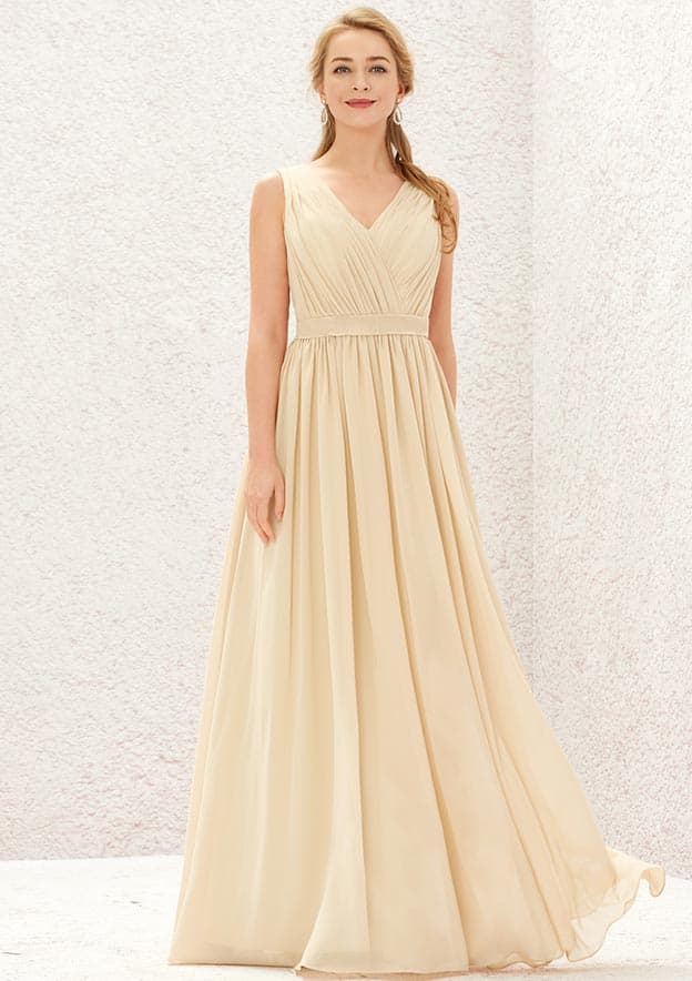 Long/Floor-Length Chiffon Bridesmaid Dress, A-Line Cut, V-Neck, Sleeveless, With Appliqued Sashes And Pleating BM bride