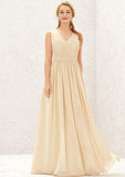 Long/Floor-Length Chiffon Bridesmaid Dress, A-Line Cut, V-Neck, Sleeveless, With Appliqued Sashes And Pleating BM bride
