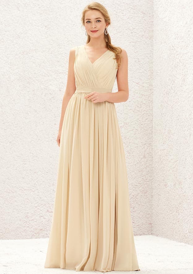 Long/Floor-Length Chiffon Bridesmaid Dress, A-Line Cut, V-Neck, Sleeveless, With Appliqued Sashes And Pleating BM bride
