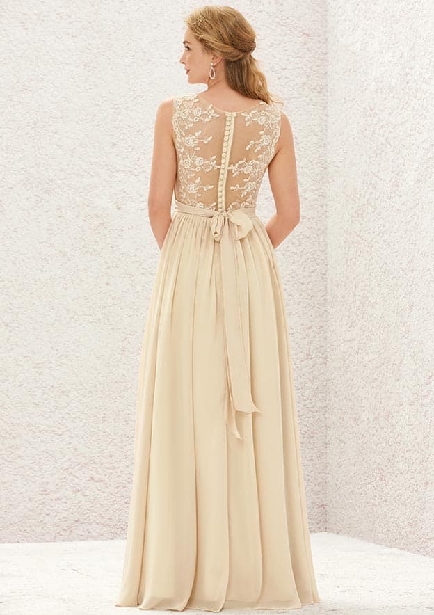 Long/Floor-Length Chiffon Bridesmaid Dress, A-Line Cut, V-Neck, Sleeveless, With Appliqued Sashes And Pleating BM bride