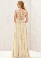 Long/Floor-Length Chiffon Bridesmaid Dress, A-Line Cut, V-Neck, Sleeveless, With Appliqued Sashes And Pleating BM bride