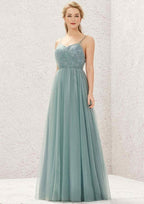 Long/Floor-Length Tulle Bridesmaid Dress, Princess A-Line Cut, V-Neck, Sleeveless, With Pleated Appliques BM bride