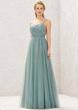 Long/Floor-Length Tulle Bridesmaid Dress, Princess A-Line Cut, V-Neck, Sleeveless, With Pleated Appliques BM bride