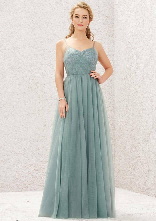 Long/Floor-Length Tulle Bridesmaid Dress, Princess A-Line Cut, V-Neck, Sleeveless, With Pleated Appliques BM bride