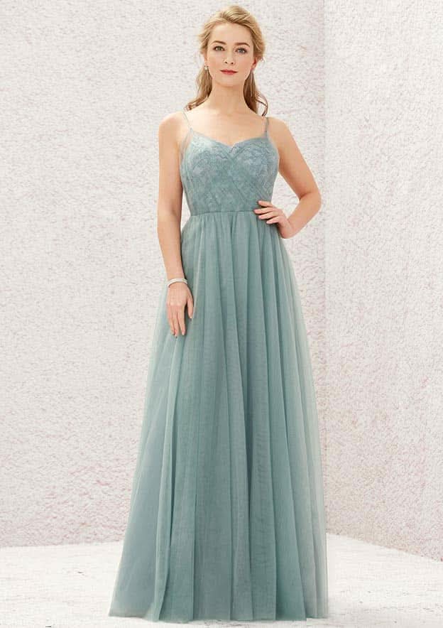 Long/Floor-Length Tulle Bridesmaid Dress, Princess A-Line Cut, V-Neck, Sleeveless, With Pleated Appliques BM bride