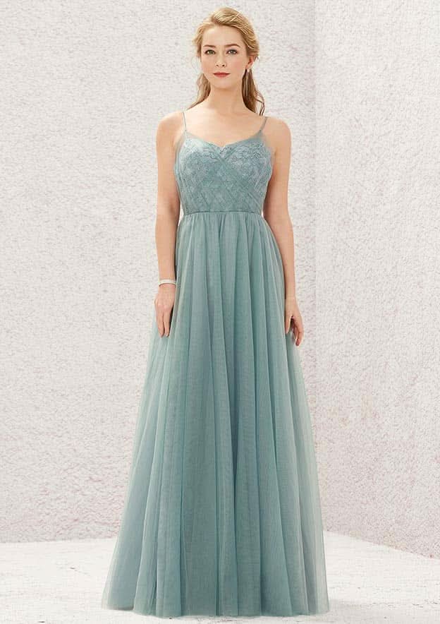 Long/Floor-Length Tulle Bridesmaid Dress, Princess A-Line Cut, V-Neck, Sleeveless, With Pleated Appliques BM bride
