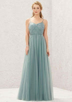 Long/Floor-Length Tulle Bridesmaid Dress, Princess A-Line Cut, V-Neck, Sleeveless, With Pleated Appliques BM bride