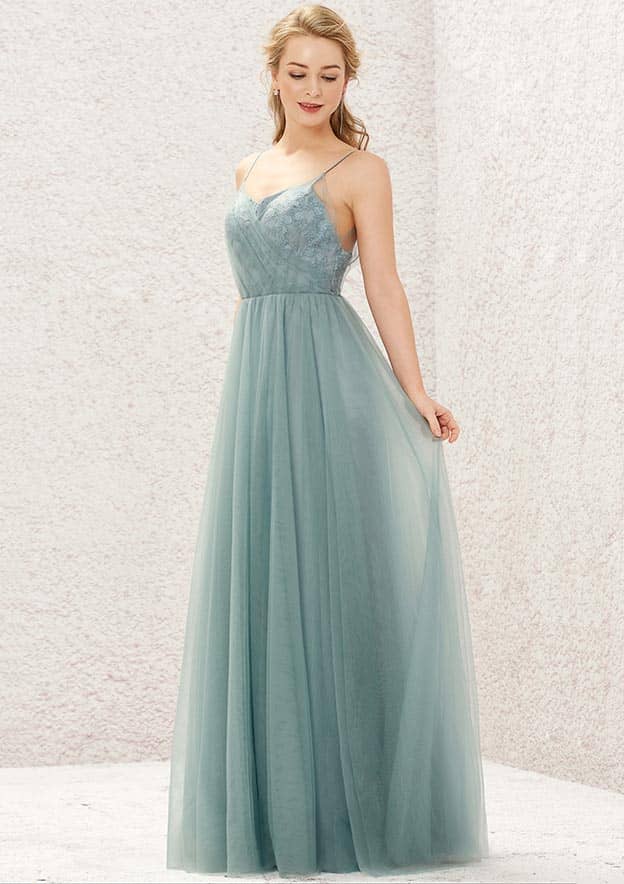 Long/Floor-Length Tulle Bridesmaid Dress, Princess A-Line Cut, V-Neck, Sleeveless, With Pleated Appliques BM bride