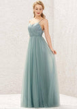 Long/Floor-Length Tulle Bridesmaid Dress, Princess A-Line Cut, V-Neck, Sleeveless, With Pleated Appliques BM bride