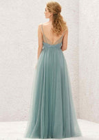 Long/Floor-Length Tulle Bridesmaid Dress, Princess A-Line Cut, V-Neck, Sleeveless, With Pleated Appliques BM bride