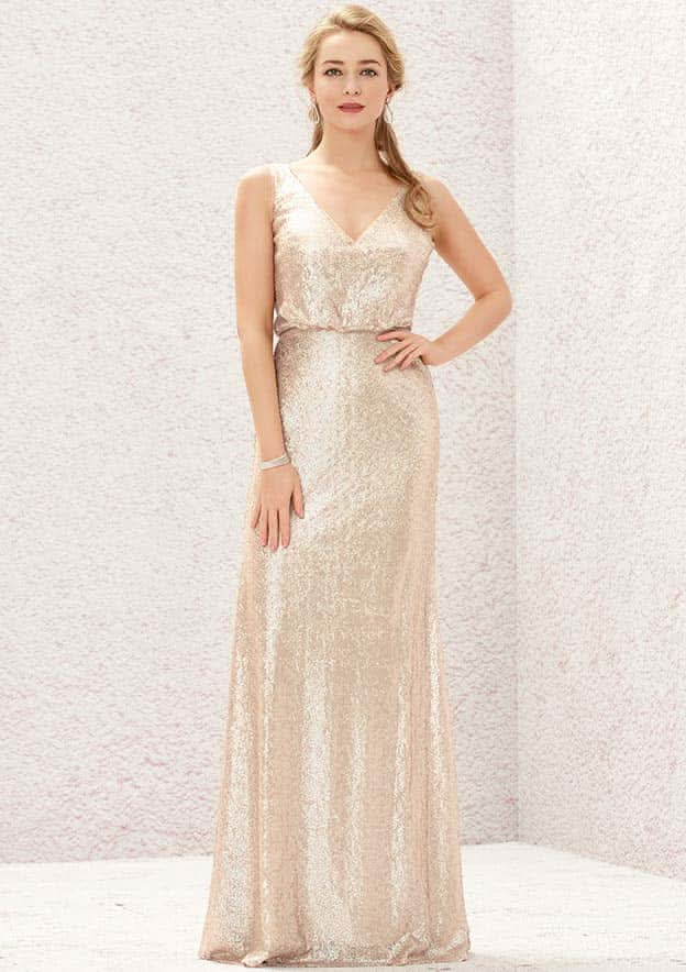 Long/Floor-Length Sequined Bridesmaid Dress, Sheath/Column Cut, V-Neck, Sleeveless, With Pleating (Duplicate, But Keeping For Variety) BM bride