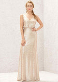 Long/Floor-Length Sequined Bridesmaid Dress, Sheath/Column Cut, V-Neck, Sleeveless, With Pleating (Duplicate, But Keeping For Variety) BM bride