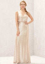 Long/Floor-Length Sequined Bridesmaid Dress, Sheath/Column Cut, V-Neck, Sleeveless, With Pleating (Duplicate, But Keeping For Variety) BM bride