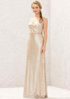 Long/Floor-Length Sequined Bridesmaid Dress, Sheath/Column Cut, V-Neck, Sleeveless, With Pleating (Duplicate, But Keeping For Variety) BM bride