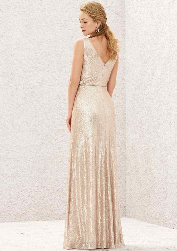 Long/Floor-Length Sequined Bridesmaid Dress, Sheath/Column Cut, V-Neck, Sleeveless, With Pleating (Duplicate, But Keeping For Variety) BM bride