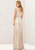 Long/Floor-Length Sequined Bridesmaid Dress, Sheath/Column Cut, V-Neck, Sleeveless, With Pleating (Duplicate, But Keeping For Variety) BM bride
