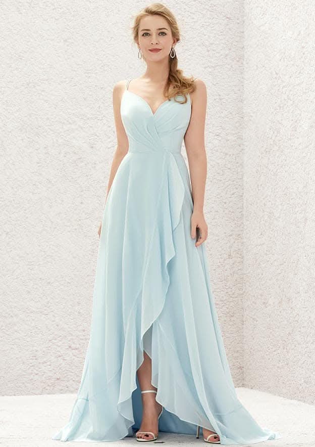 A-Line Sleeveless Asymmetrical Chiffon Bridesmaid Dress, V-Neck With Cascading Ruffles And Pleats BM bride