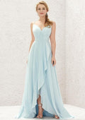 A-Line Sleeveless Asymmetrical Chiffon Bridesmaid Dress, V-Neck With Cascading Ruffles And Pleats BM bride