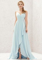 A-Line Sleeveless Asymmetrical Chiffon Bridesmaid Dress, V-Neck With Cascading Ruffles And Pleats BM bride