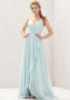 A-Line Sleeveless Asymmetrical Chiffon Bridesmaid Dress, V-Neck With Cascading Ruffles And Pleats BM bride