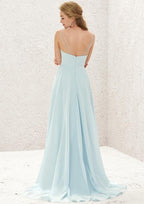 A-Line Sleeveless Asymmetrical Chiffon Bridesmaid Dress, V-Neck With Cascading Ruffles And Pleats BM bride