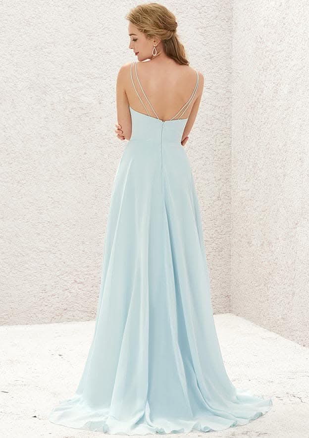 A-Line Sleeveless Asymmetrical Chiffon Bridesmaid Dress, V-Neck With Cascading Ruffles And Pleats BM bride