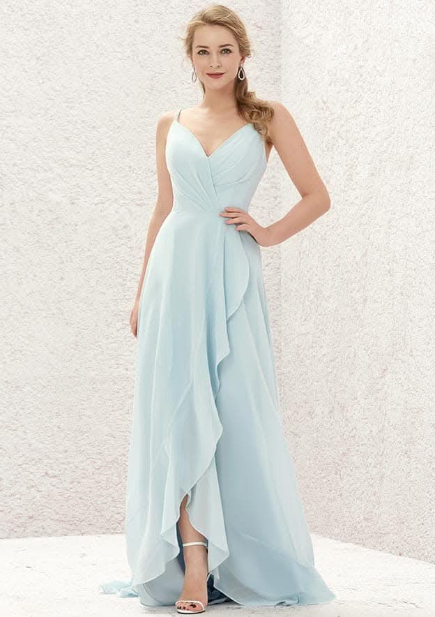 A-Line Sleeveless Asymmetrical Chiffon Bridesmaid Dress, V-Neck With Cascading Ruffles And Pleats BM bride