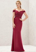 Off-The-Shoulder Trumpet/Mermaid Chiffon Bridesmaid Dress, Floor-Length, Pleated, And Laced BM bride