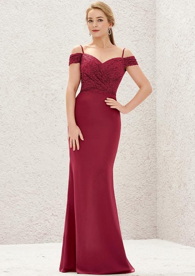 Off-The-Shoulder Trumpet/Mermaid Chiffon Bridesmaid Dress, Floor-Length, Pleated, And Laced BM bride