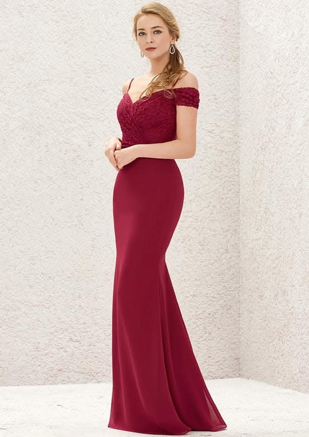 Off-The-Shoulder Trumpet/Mermaid Chiffon Bridesmaid Dress, Floor-Length, Pleated, And Laced BM bride