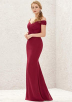 Off-The-Shoulder Trumpet/Mermaid Chiffon Bridesmaid Dress, Floor-Length, Pleated, And Laced BM bride