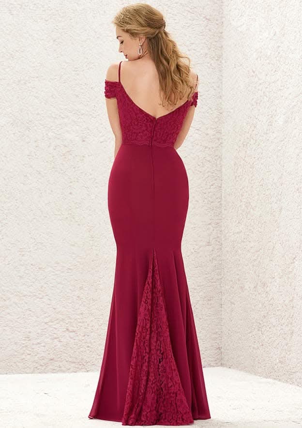 Off-The-Shoulder Trumpet/Mermaid Chiffon Bridesmaid Dress, Floor-Length, Pleated, And Laced BM bride