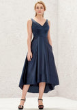 Asymmetrical Satin Bridesmaid Dress With V-Neck, Sleeveless, A-Line Cut, And Pockets BM bride