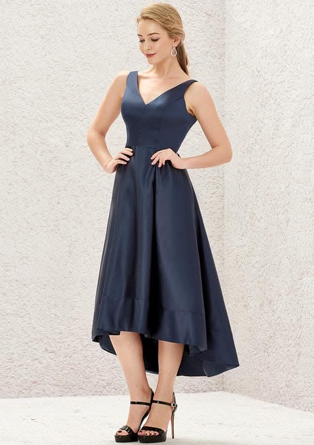 Asymmetrical Satin Bridesmaid Dress With V-Neck, Sleeveless, A-Line Cut, And Pockets BM bride