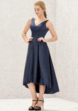Asymmetrical Satin Bridesmaid Dress With V-Neck, Sleeveless, A-Line Cut, And Pockets BM bride