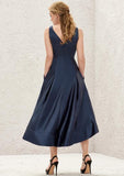 Asymmetrical Satin Bridesmaid Dress With V-Neck, Sleeveless, A-Line Cut, And Pockets BM bride