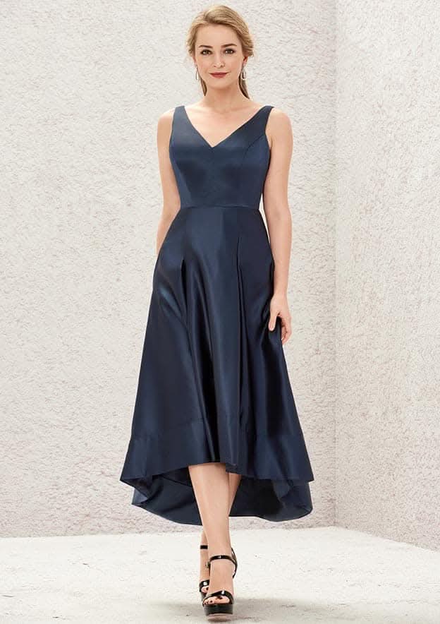 Asymmetrical Satin Bridesmaid Dress With V-Neck, Sleeveless, A-Line Cut, And Pockets BM bride