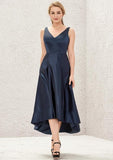 Asymmetrical Satin Bridesmaid Dress With V-Neck, Sleeveless, A-Line Cut, And Pockets BM bride