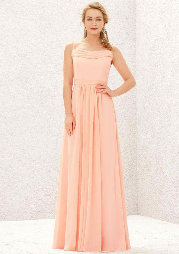 Long/Floor-Length Chiffon Bridesmaid Dress, A-Line Cut, Cowl Neck, Sleeveless, With Pockets And Pleating BM bride
