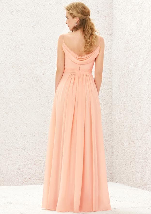 Long/Floor-Length Chiffon Bridesmaid Dress, A-Line Cut, Cowl Neck, Sleeveless, With Pockets And Pleating BM bride