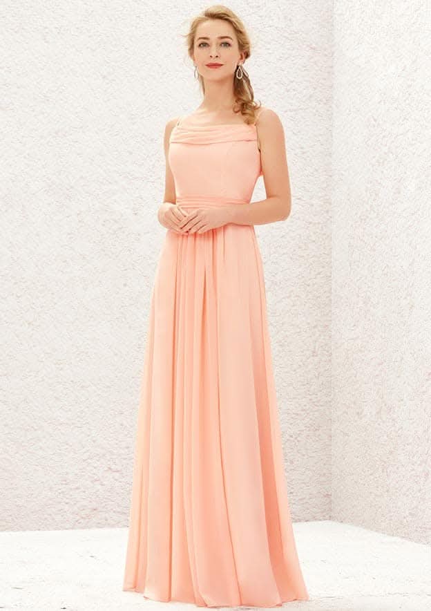 Long/Floor-Length Chiffon Bridesmaid Dress, A-Line Cut, Cowl Neck, Sleeveless, With Pockets And Pleating BM bride