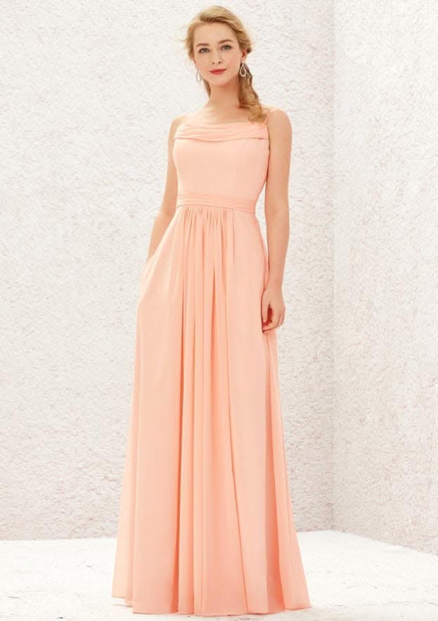 Long/Floor-Length Chiffon Bridesmaid Dress, A-Line Cut, Cowl Neck, Sleeveless, With Pockets And Pleating BM bride
