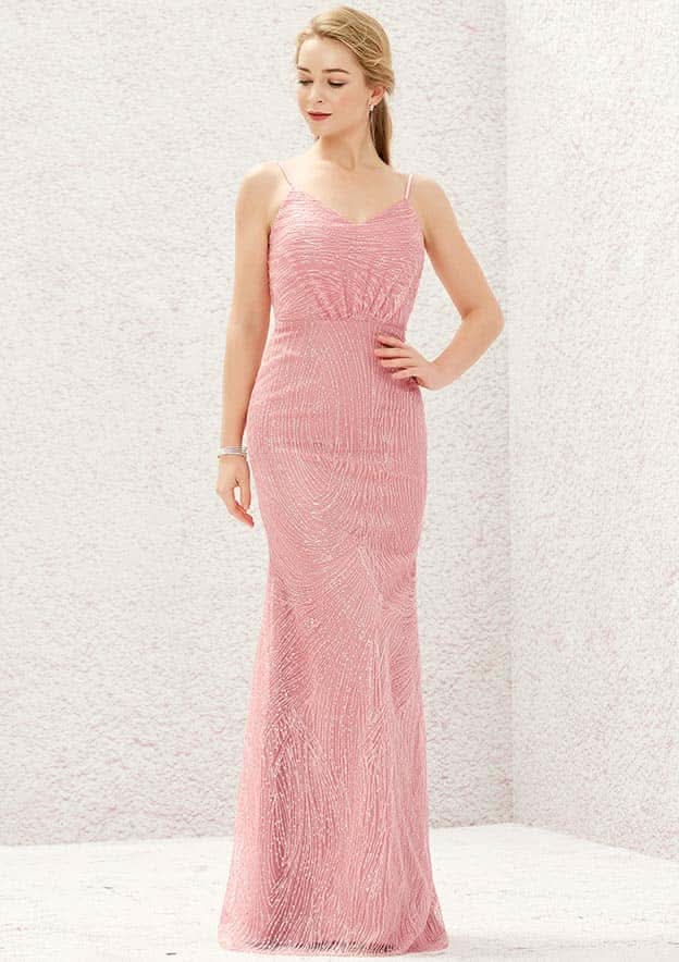 Long/Floor-Length Lace Bridesmaid Dress, Sheath/Column Cut, V-Neck, Sleeveless, With Sequined Pleating BM bride
