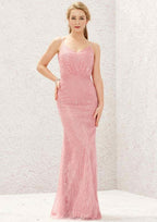 Long/Floor-Length Lace Bridesmaid Dress, Sheath/Column Cut, V-Neck, Sleeveless, With Sequined Pleating BM bride