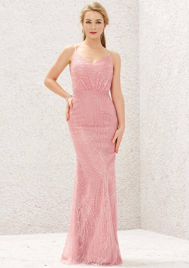 Long/Floor-Length Lace Bridesmaid Dress, Sheath/Column Cut, V-Neck, Sleeveless, With Sequined Pleating BM bride