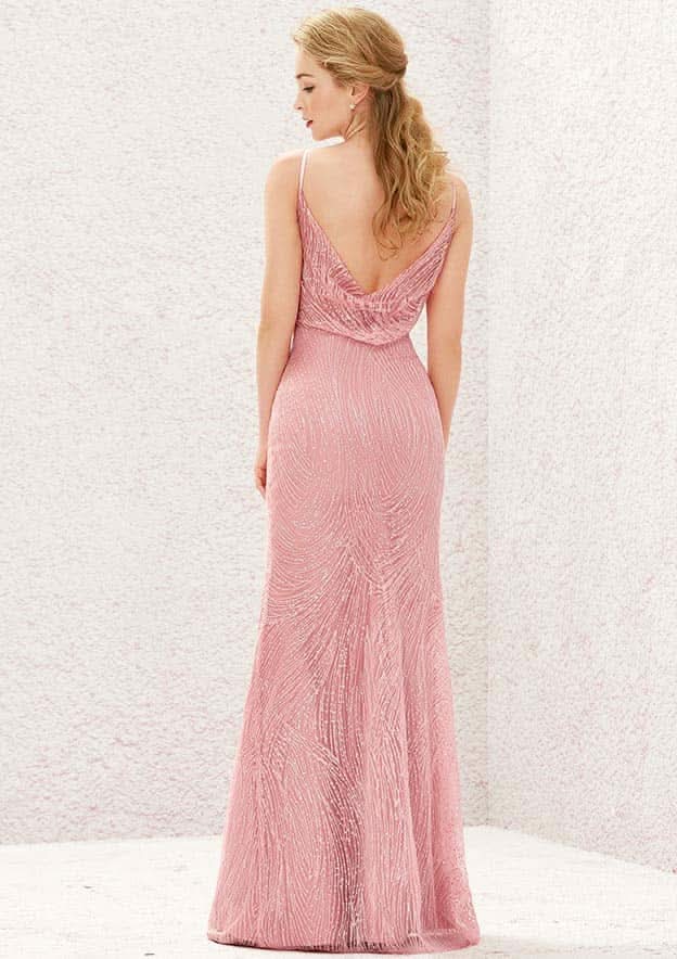 Long/Floor-Length Lace Bridesmaid Dress, Sheath/Column Cut, V-Neck, Sleeveless, With Sequined Pleating BM bride